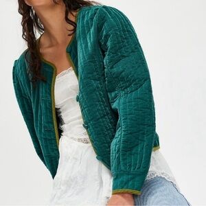 NEW Free People Natalia Teal Green Quilted Velvet Jacket Size XL